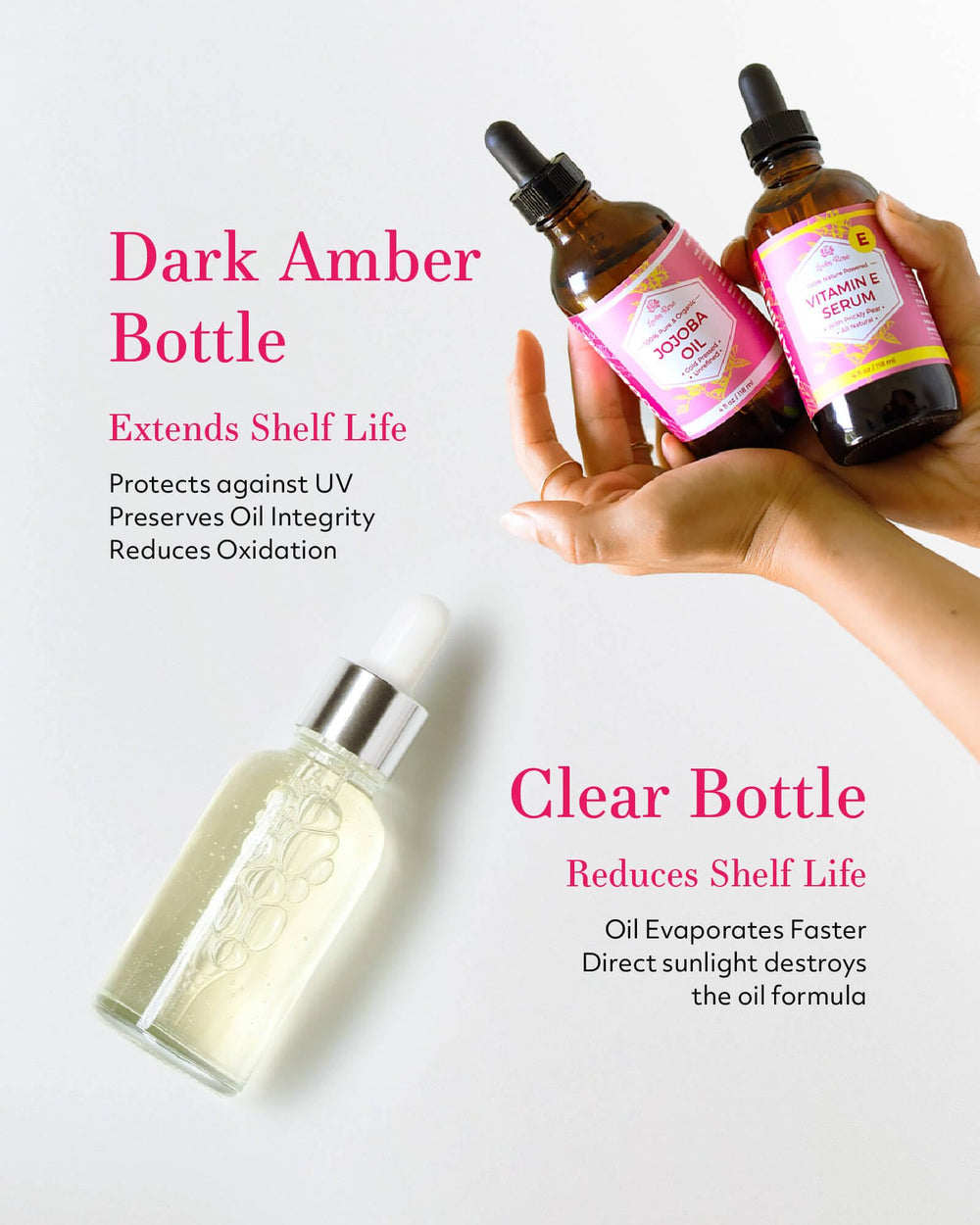 Leven Rose evening primrose oil dropper adds subtle shine.