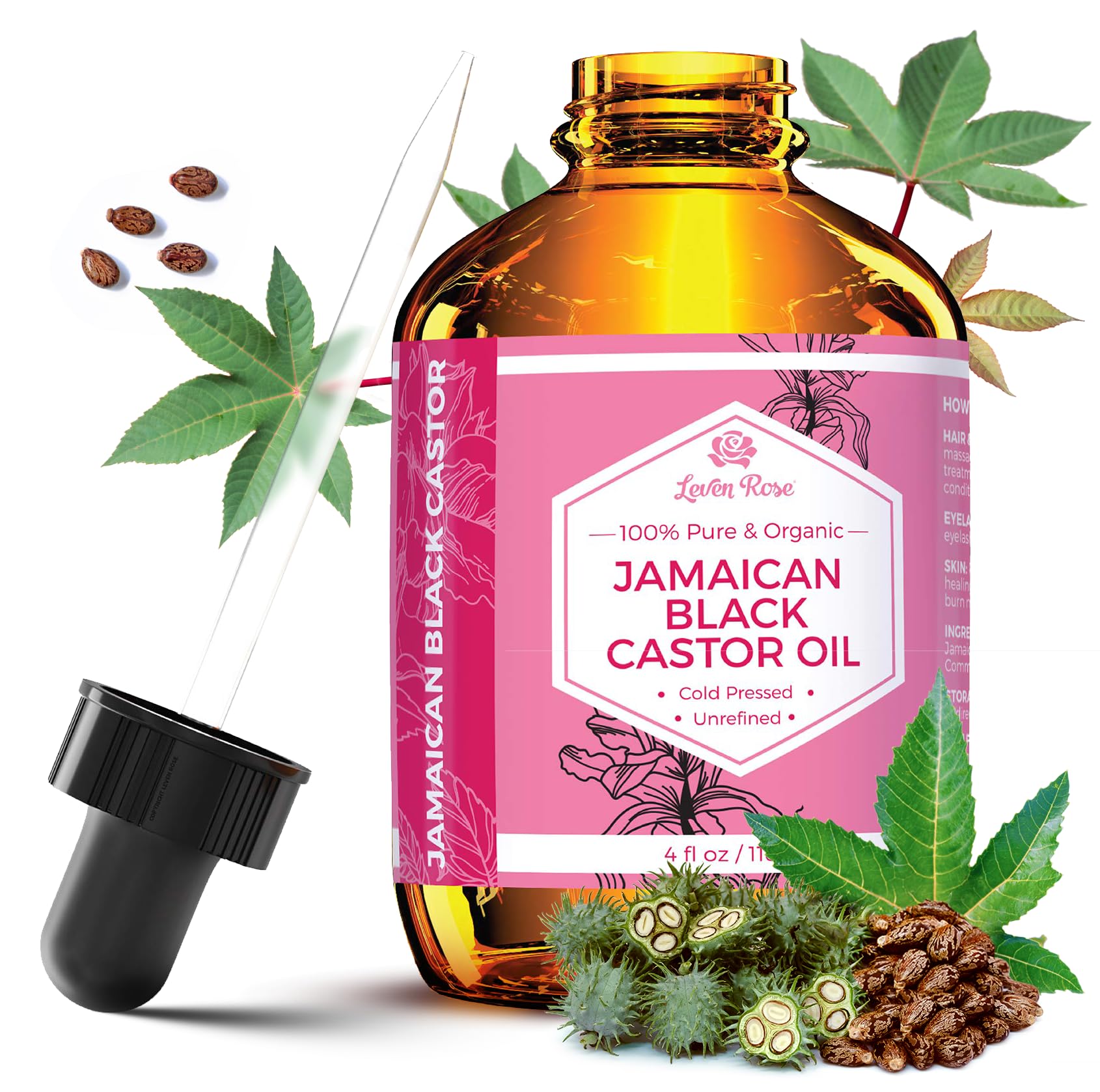 Leven Rose Jamaican Black Castor Oil bottle highlighting natural hair growth support.