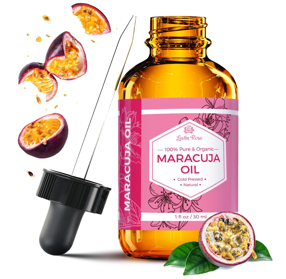 Leven Rose Maracuja Oil in amber bottle shows lightweight hydration for skin and hair