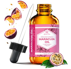 Leven Rose Maracuja Oil in amber bottle shows lightweight hydration for skin and hair