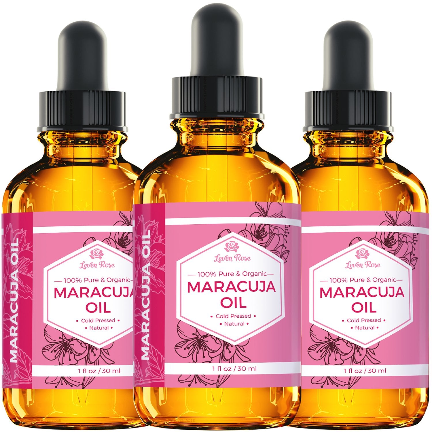 Leven Rose Maracuja Oil packaging highlights purity and satisfaction guarantee