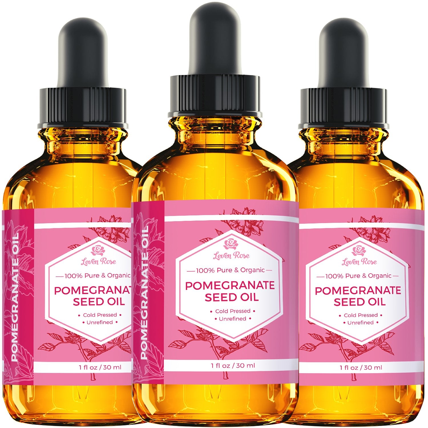 Leven Rose Pomegranate Oil promotes shinier, healthier-looking hair.