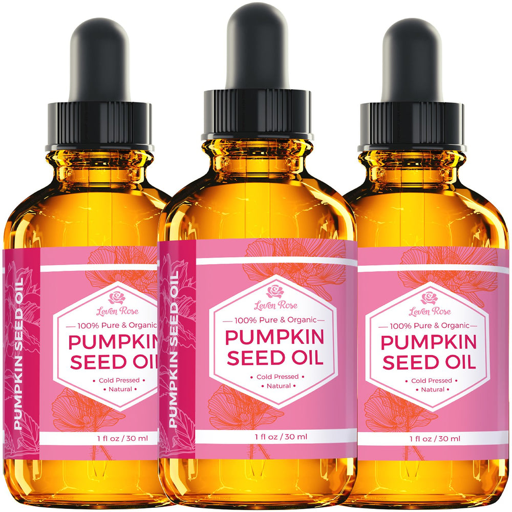 Leven Rose pumpkin seed oil on hair after application for luster.