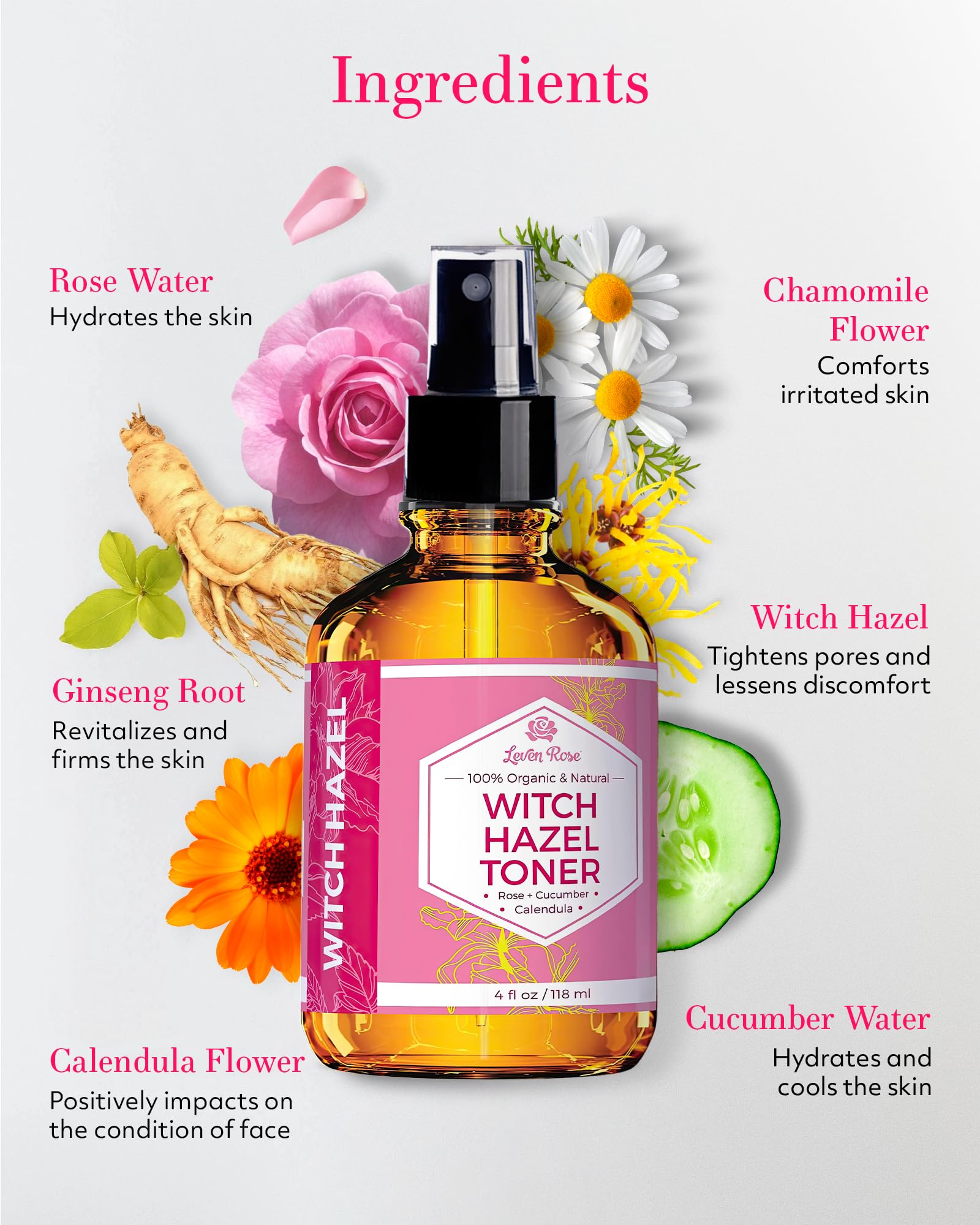 Rose petals and botanical blend highlighted in Leven Rose toner.