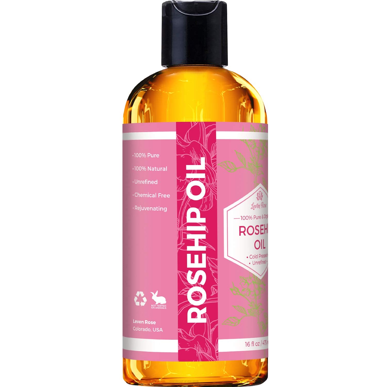 Leven Rose rosehip oil 16oz packaging promotes versatile care from face to body