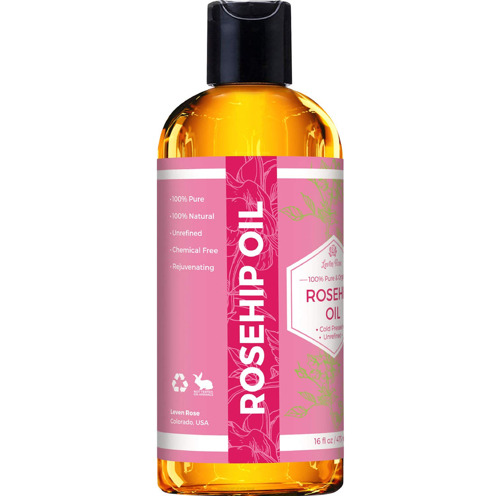 Leven Rose rosehip oil 16oz packaging promotes versatile care from face to body
