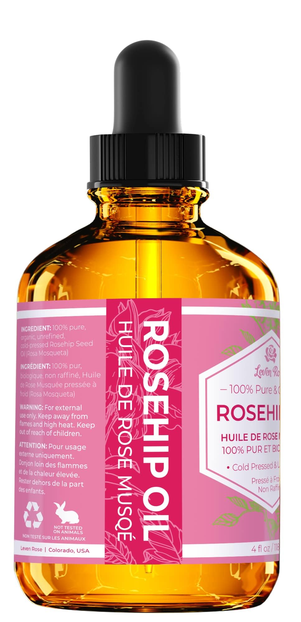 Leven Rose rosehip oil dropper applying on skin for hydration