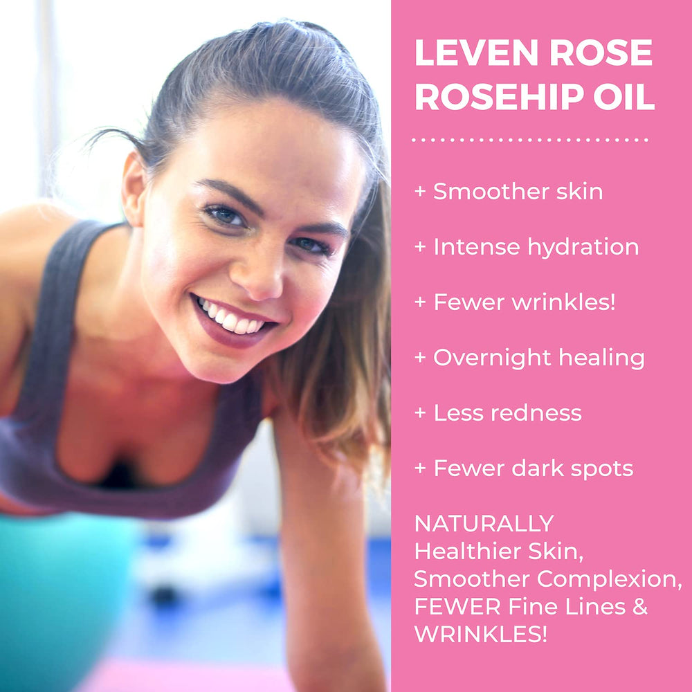 Leven Rose rosehip oil bottle during application showing quick absorption