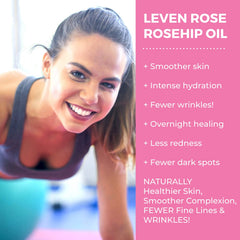 Leven Rose rosehip oil bottle during application showing quick absorption
