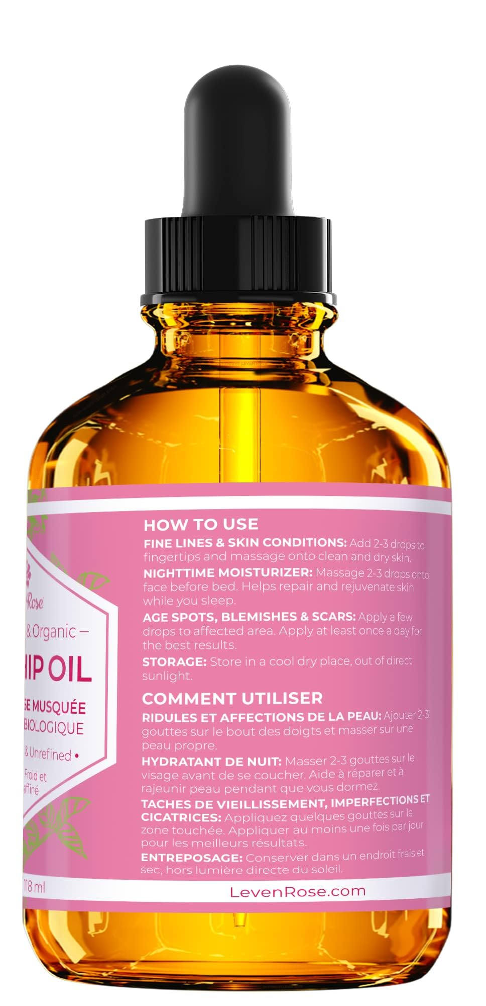 Leven Rose rosehip oil on hair ends for shine and softness