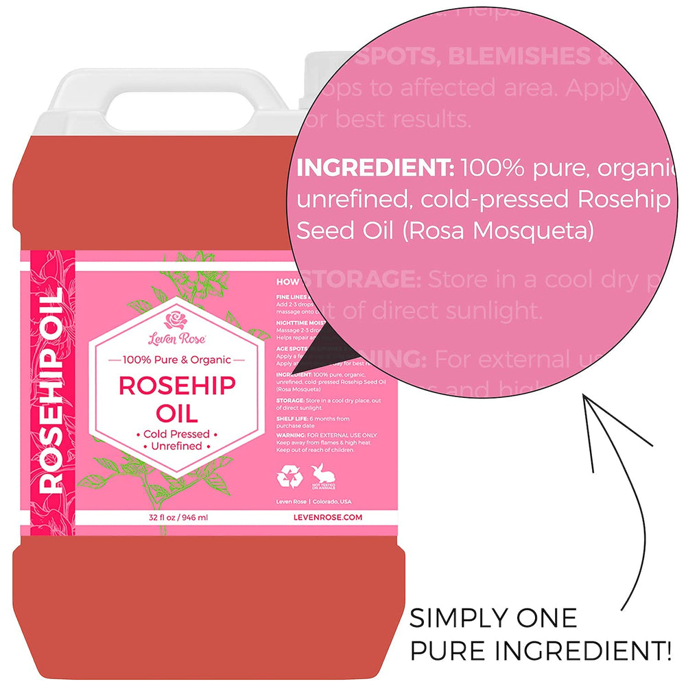 Leven Rose rosehip oil in 32-oz packaging protected from light