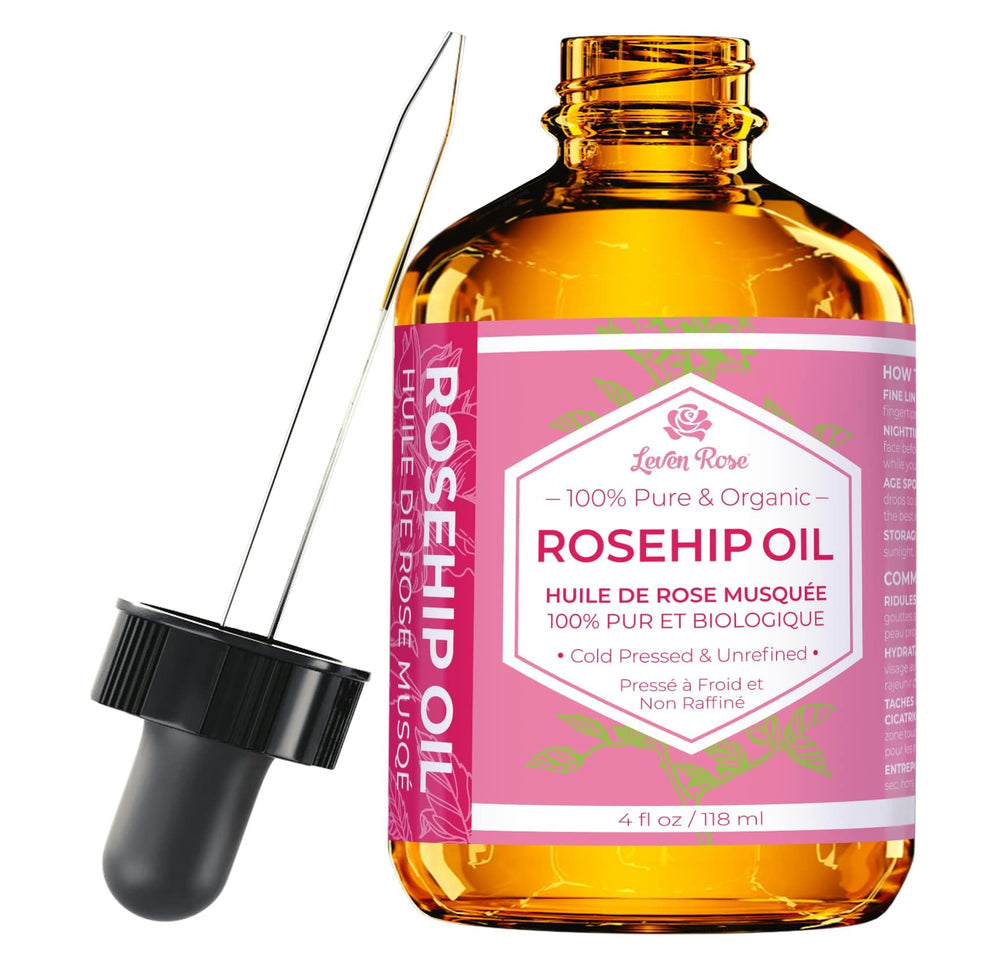 Leven Rose Rosehip Seed Oil bottle with dropper for facial nourishment and glow
