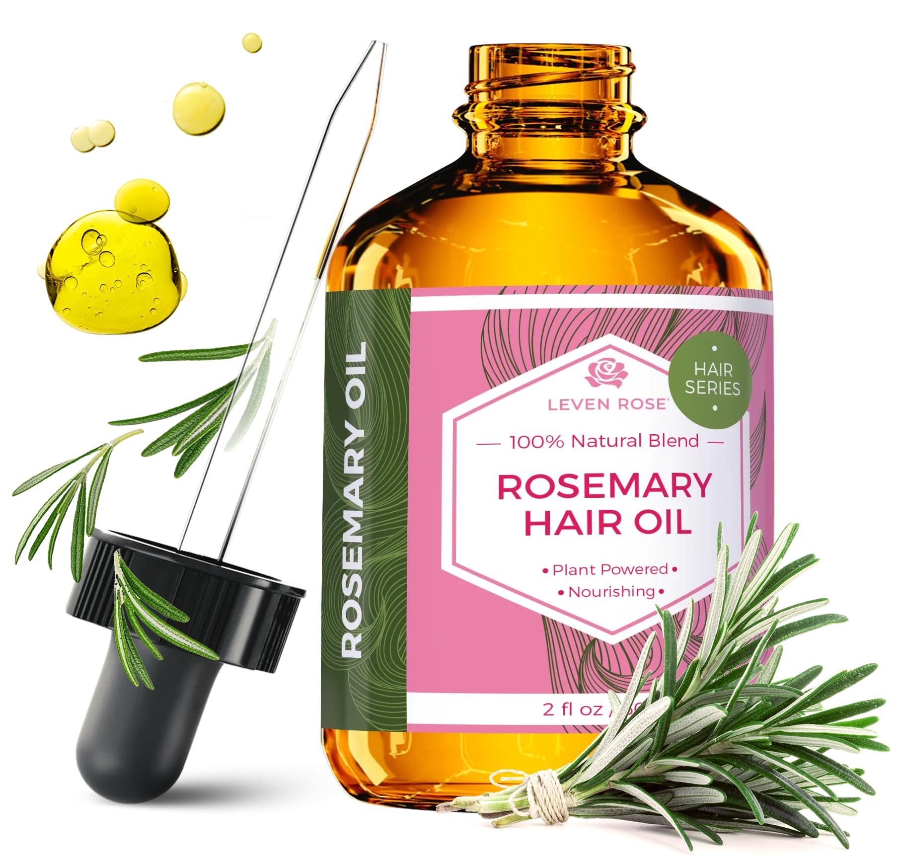 Leven Rose rosemary hair growth oil bottle nourishes scalp and promotes healthy shine.