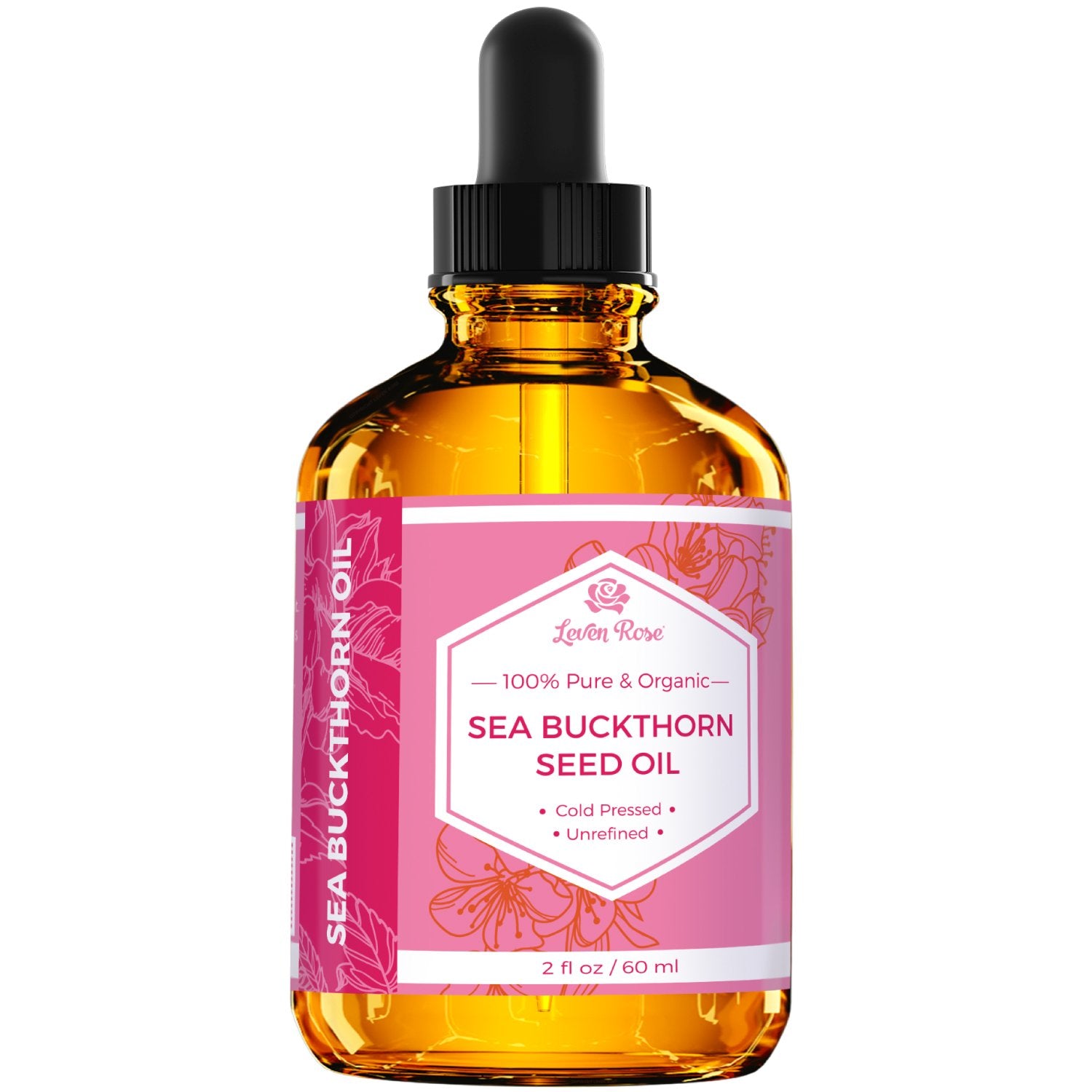 Leven Rose Sea Buckthorn Oil stored in dark amber bottle.