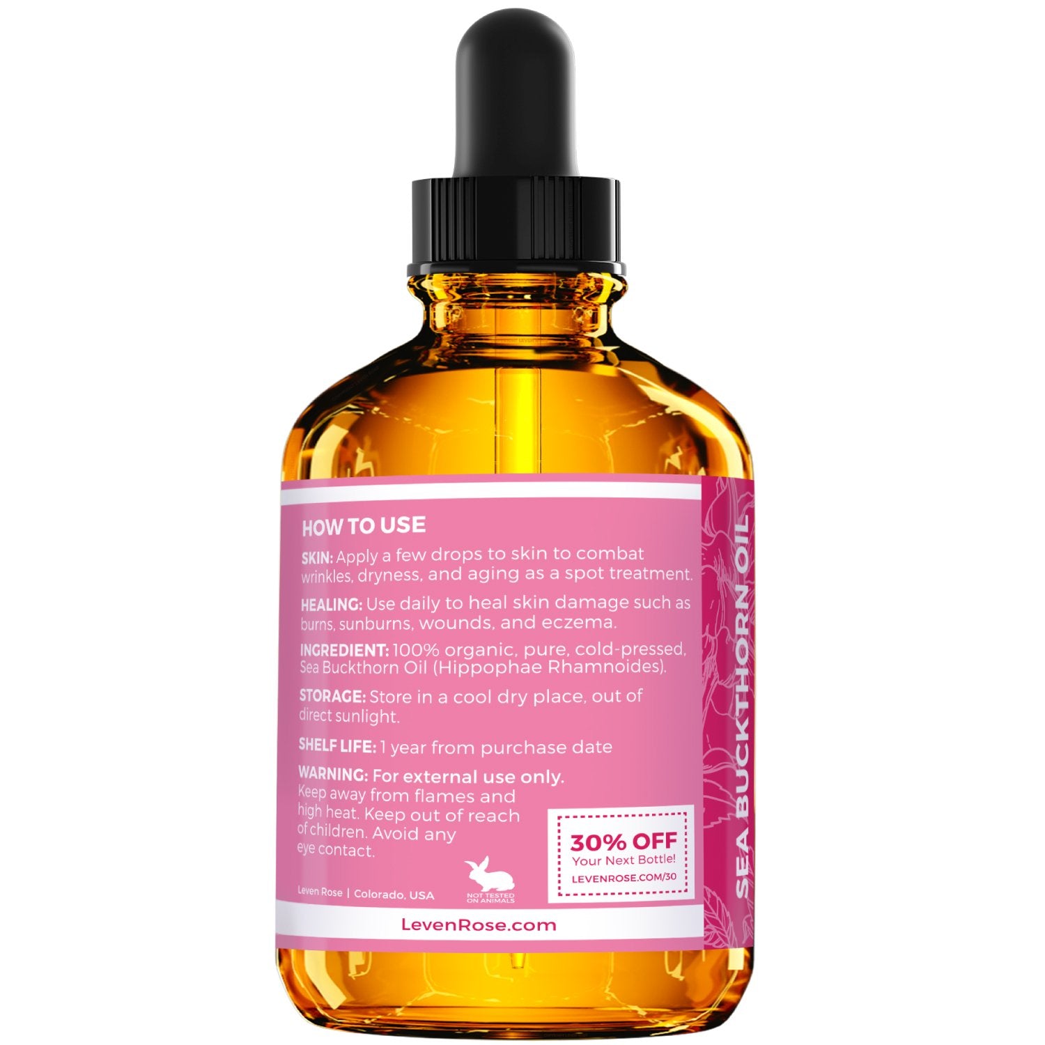 Leven Rose Sea Buckthorn Oil bottle for easy facial care application.