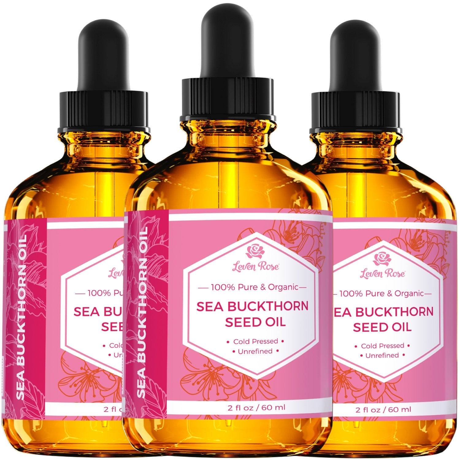 Leven Rose Sea Buckthorn Oil close-up shows golden oil hue.