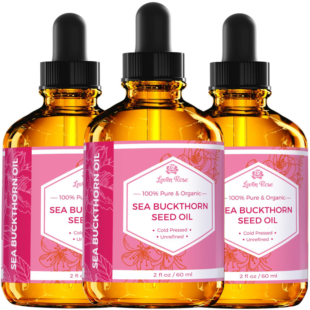 Leven Rose Sea Buckthorn Oil close-up shows golden oil hue.