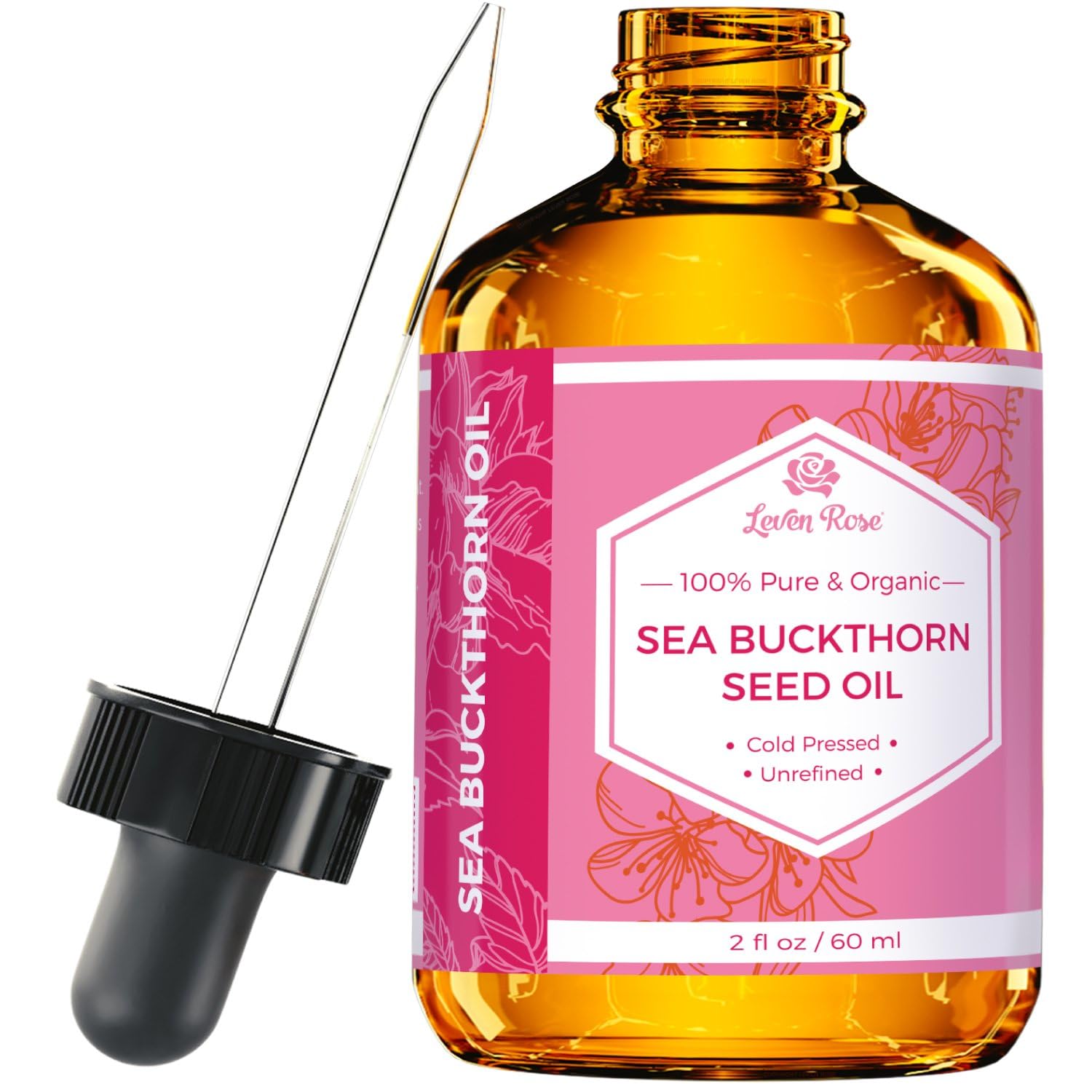 Leven Rose Sea Buckthorn Seed Oil in amber bottle for UV protection and hydration.