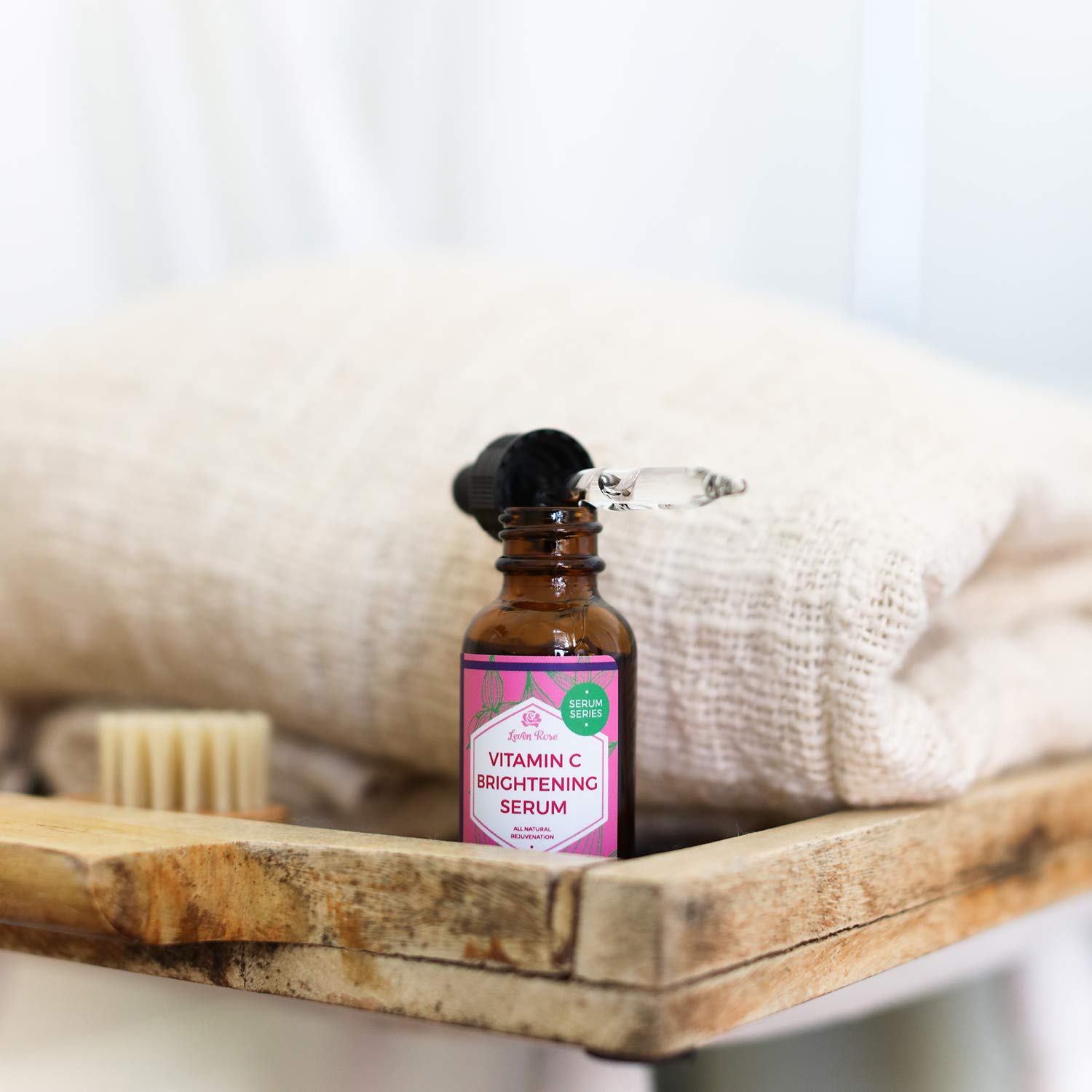 Close-up texture of Leven Rose serum highlighting lightweight hydration