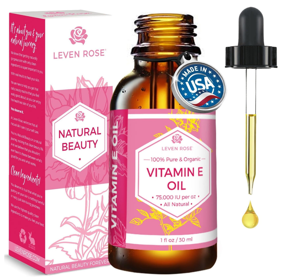 Leven Rose Vitamin E Oil 1oz bottle for deep skin hydration