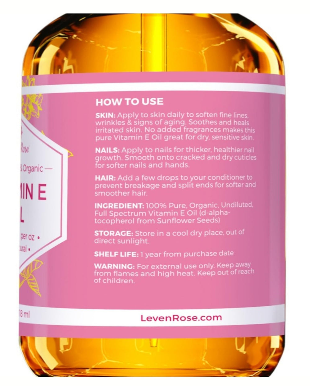 Leven Rose Vitamin E Oil helps soften cuticles and nails