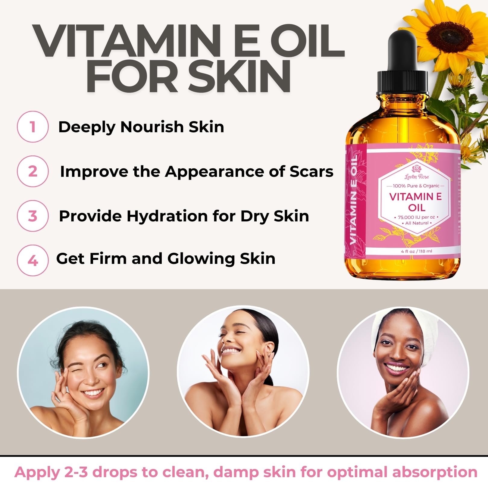 Leven Rose Vitamin E Oil label close-up highlights potency.