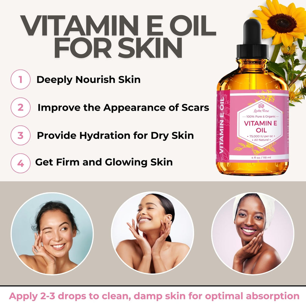 Leven Rose Vitamin E Oil label close-up highlights potency.