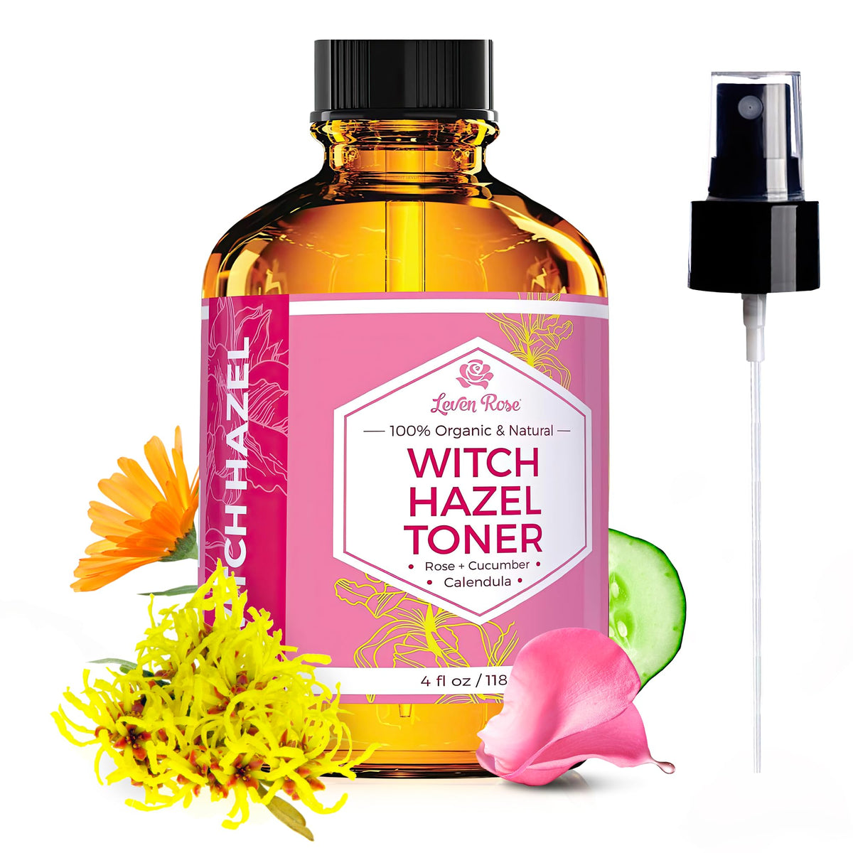 Leven Rose Witch Hazel Toner bottle ready for balanced skin and routine.