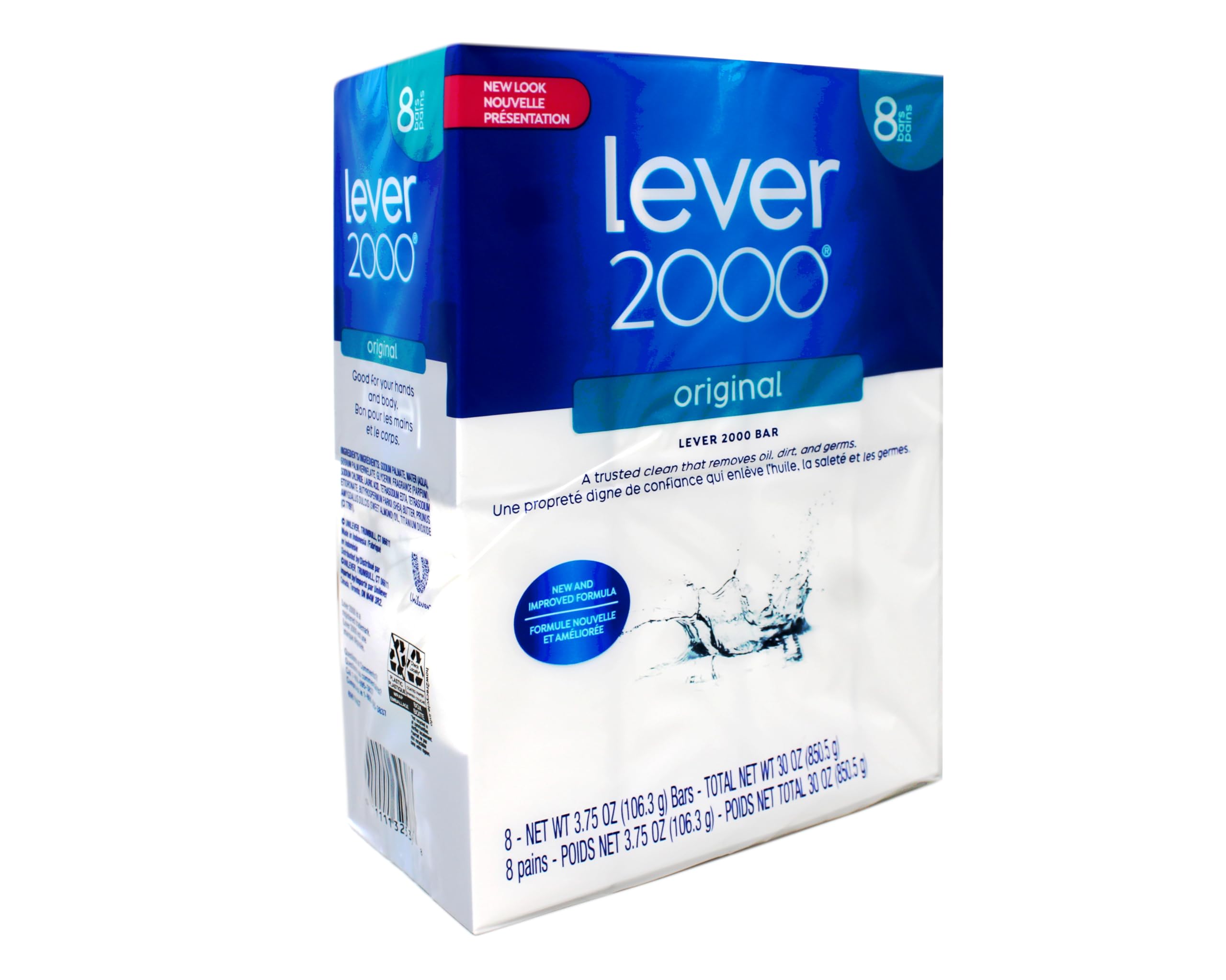 Lever 2000 Original Bar Soap packaging displays eight bars, highlighting value for home use.