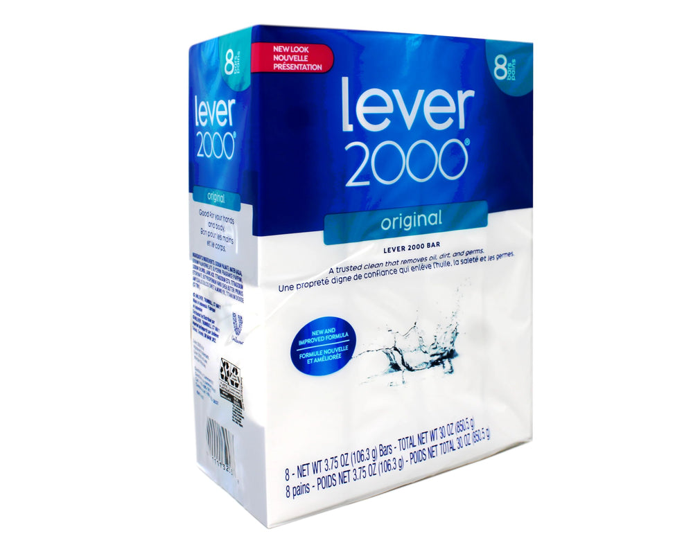 Lever 2000 Original Bar Soap packaging displays eight bars, highlighting value for home use.