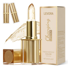 Levora color changing lipstick with golden crystal packaging highlights premium lip care