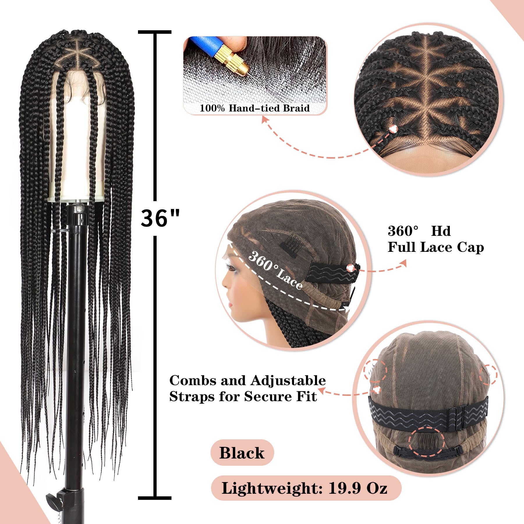 Lexqui knotless box braids wig, full lace cap for seamless parting