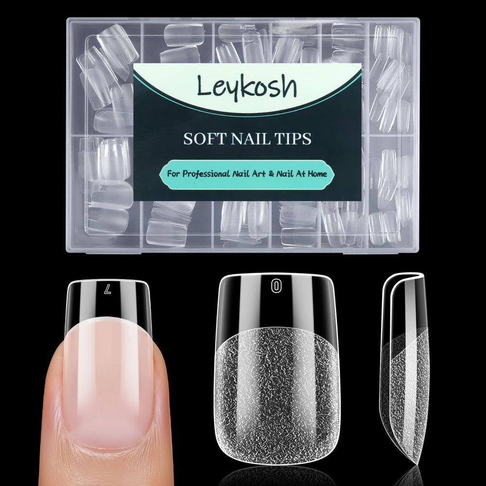 LEYKOSH short square tips 216pcs—matte finish for quick at-home manicures.