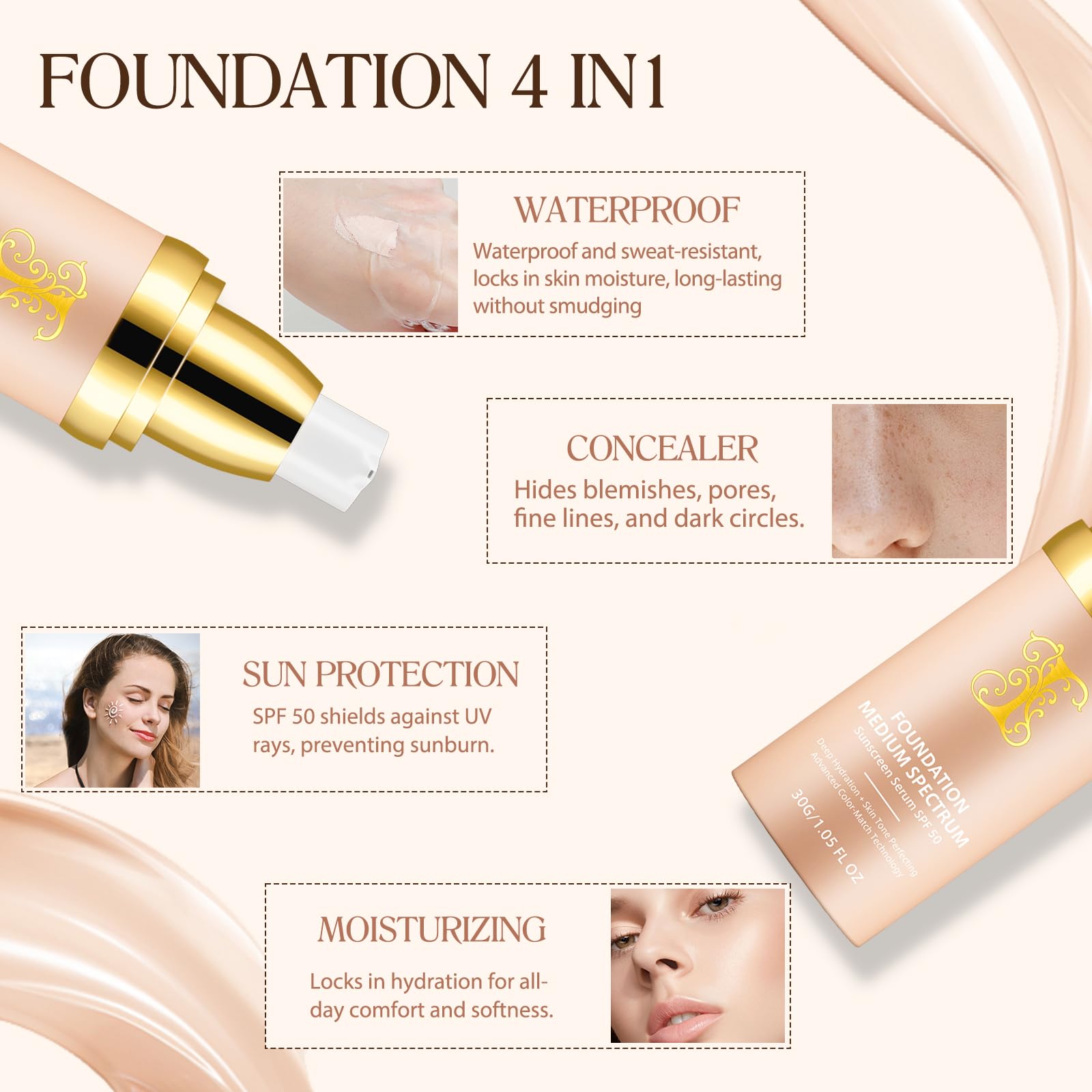 Leyosger Foundation 4 in 1 waterproof formula ideal for workouts and heat.