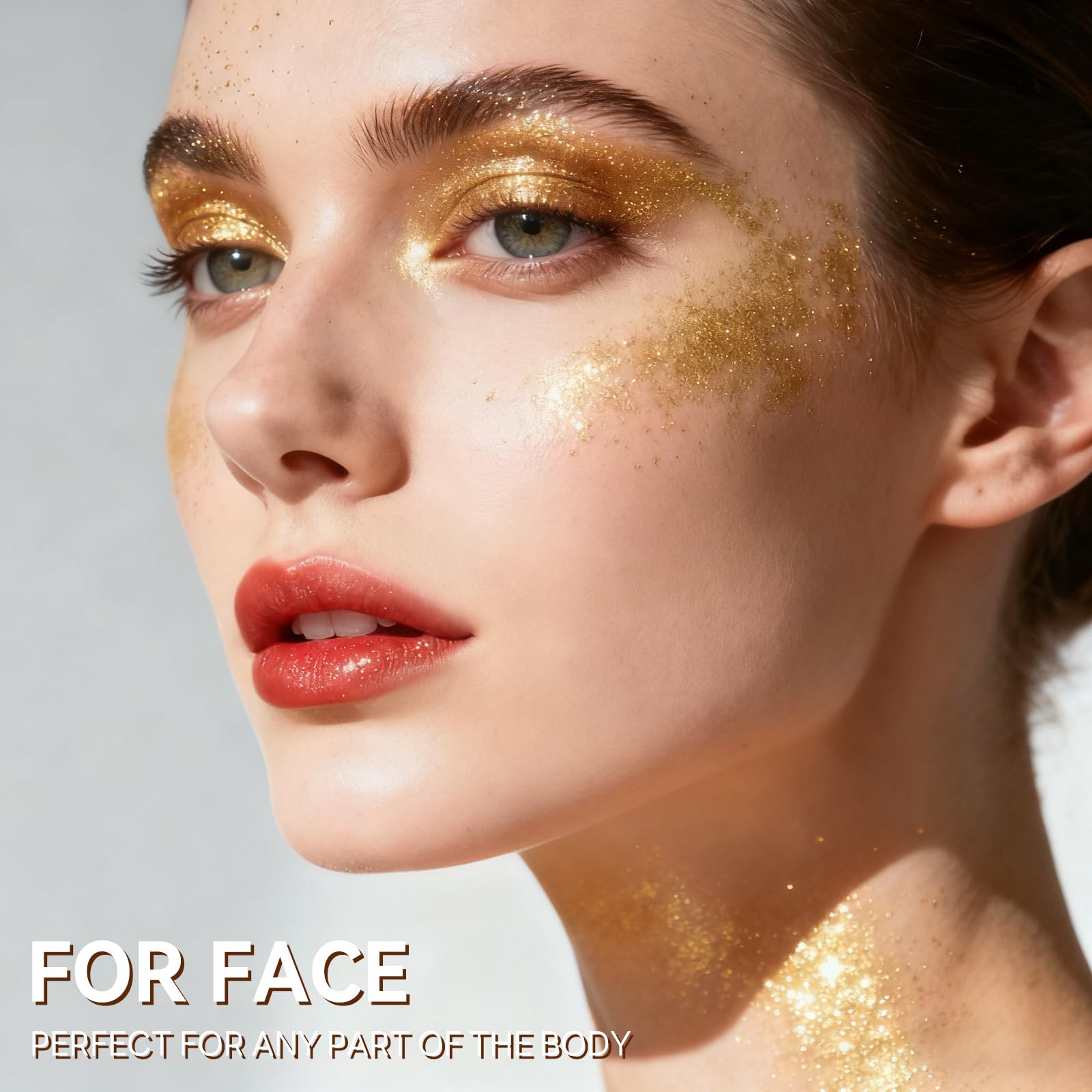 Lezero Pure Gold Glitter Spray in hair adds holographic sparkle and flair.
