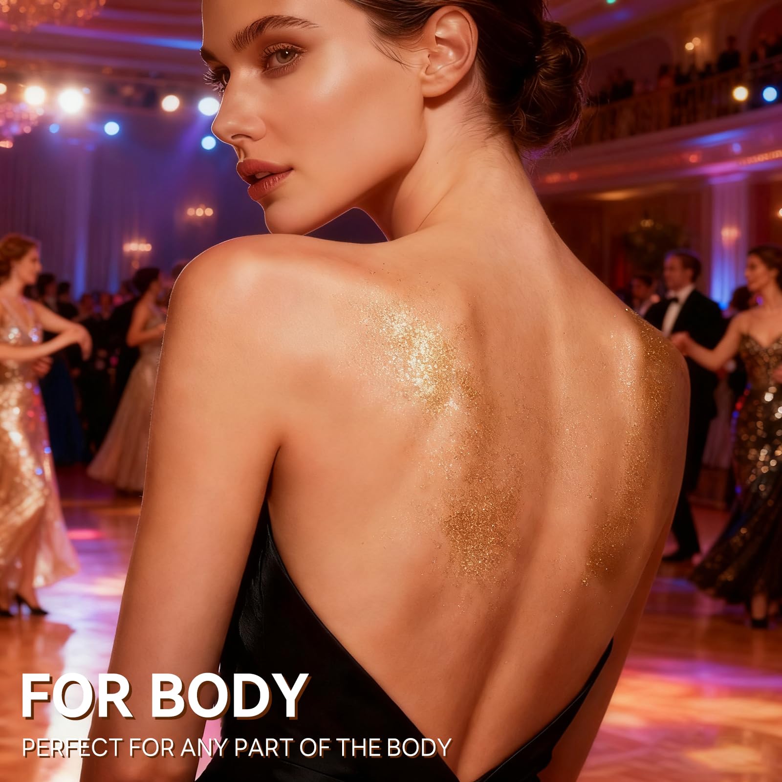 Close-up of Lezero glitter spray on skin showing rainbow holographic shimmer.