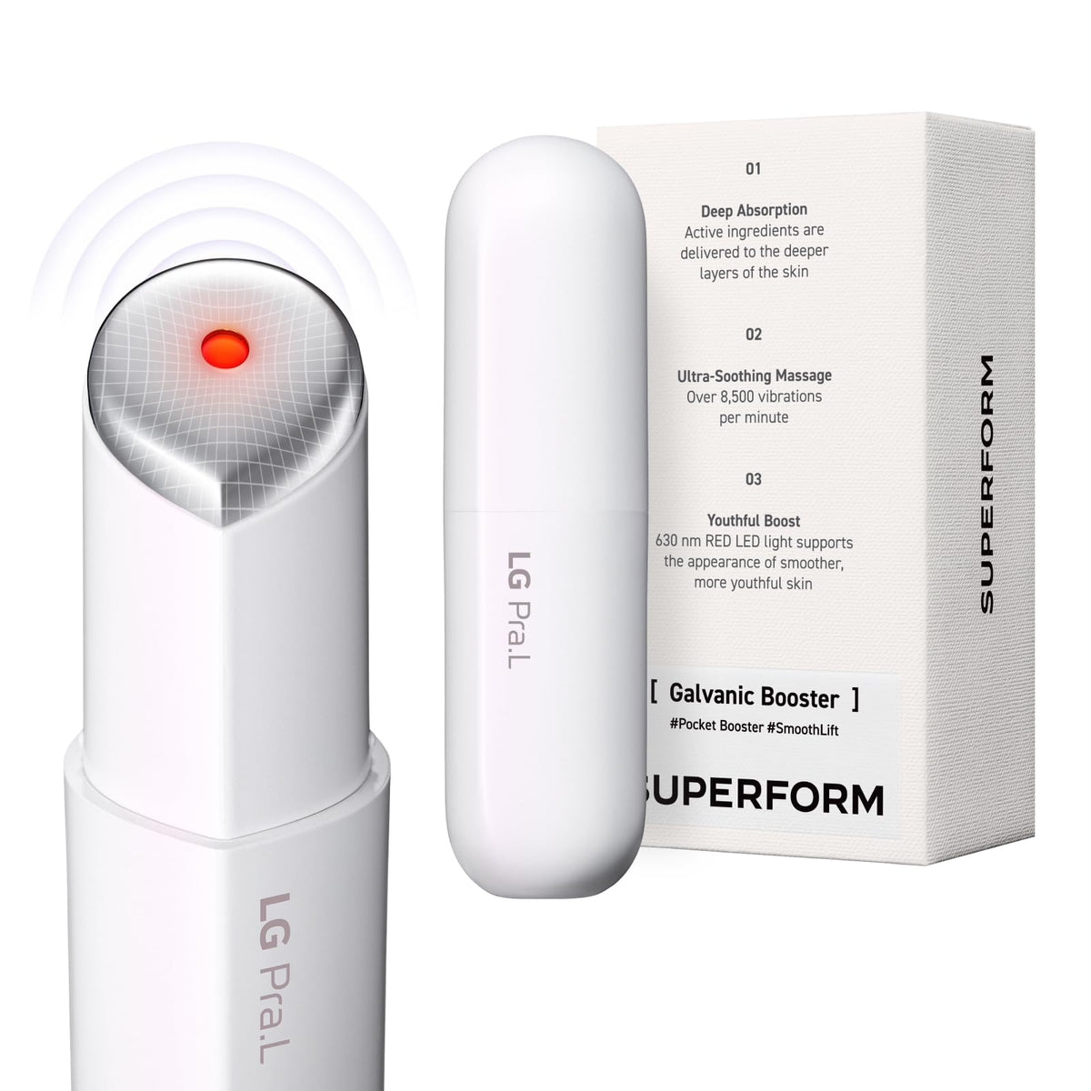 LG Pra.L Superform Galvanic Booster held in hand for at-home skincare sessions