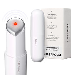 LG Pra.L Superform Galvanic Booster held in hand for at-home skincare sessions