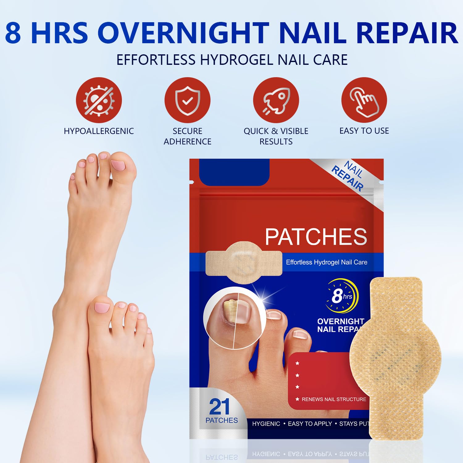 LHBMET hydrogel patches on nail, visible treatment in action