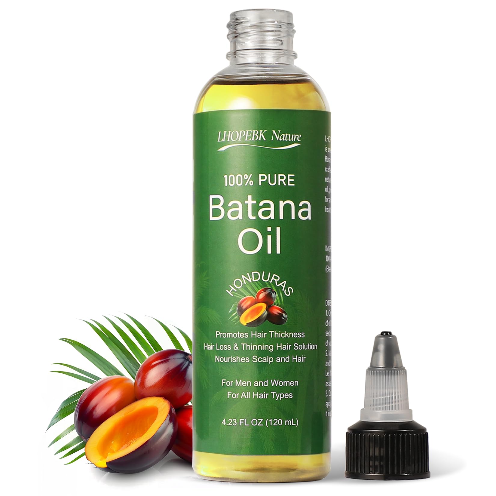 LHOPEBK Nature Batana Oil bottle close-up showing pure, cold-pressed formula for scalp care.