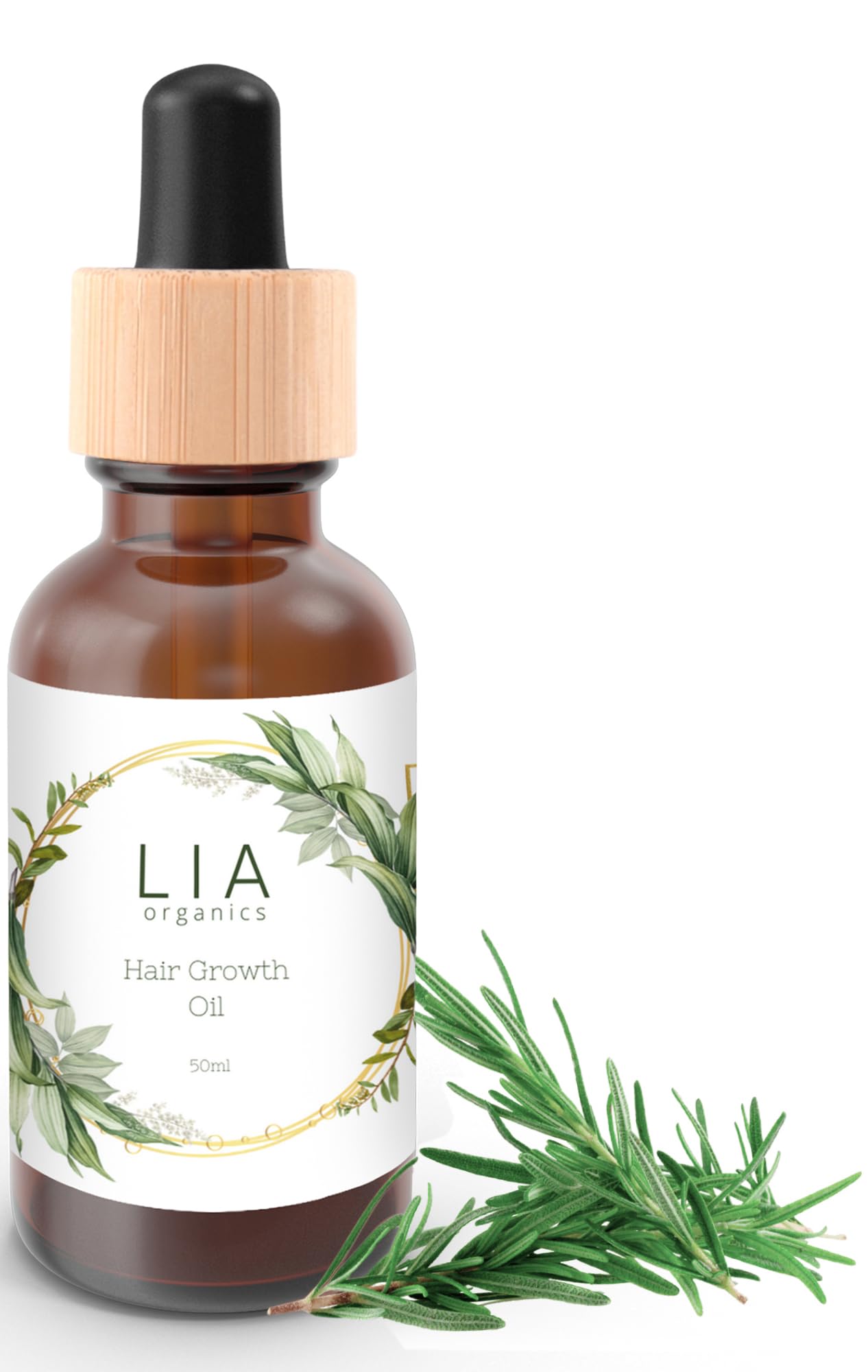 Lia Organics Hair Growth Oil bottle on white surface for conditioning and scalp care