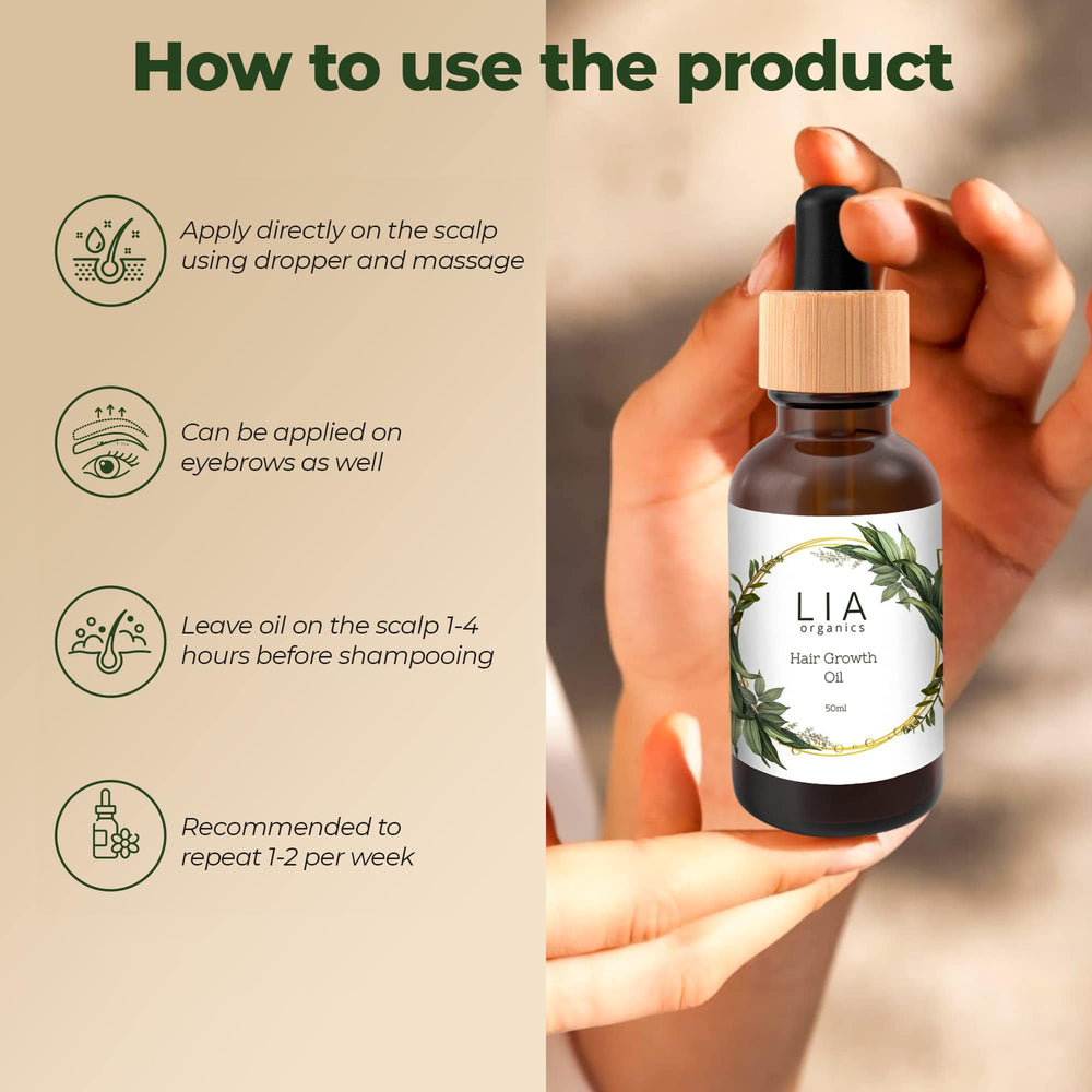 Lia Organics Hair Growth Oil close-up highlighting rosemary and oils