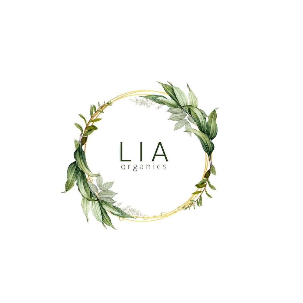 Lia Organics packaging and branding on a clean bathroom setup
