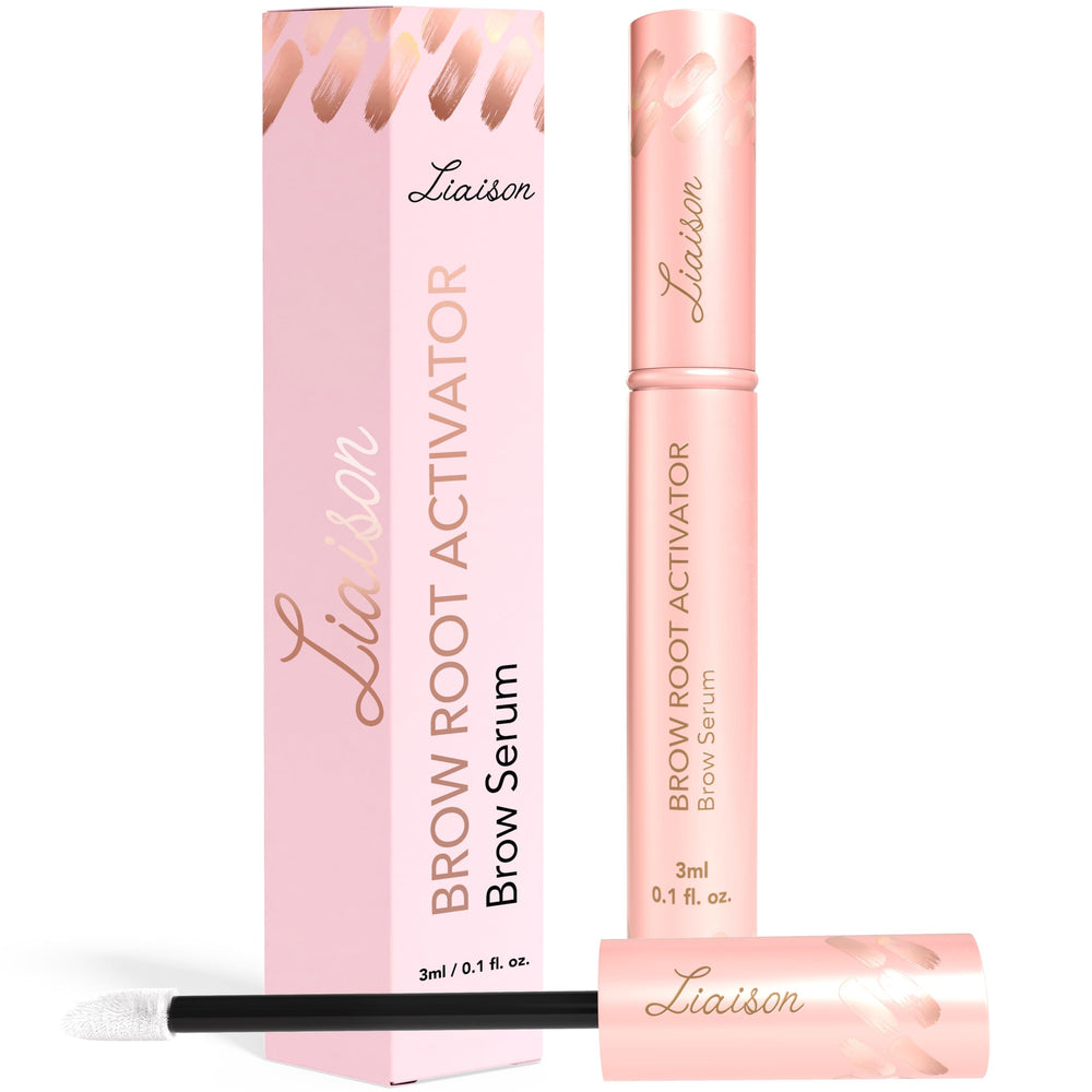 Liaison Brow Growth Serum bottle close-up with a lightweight formula for daily use and fuller brows.