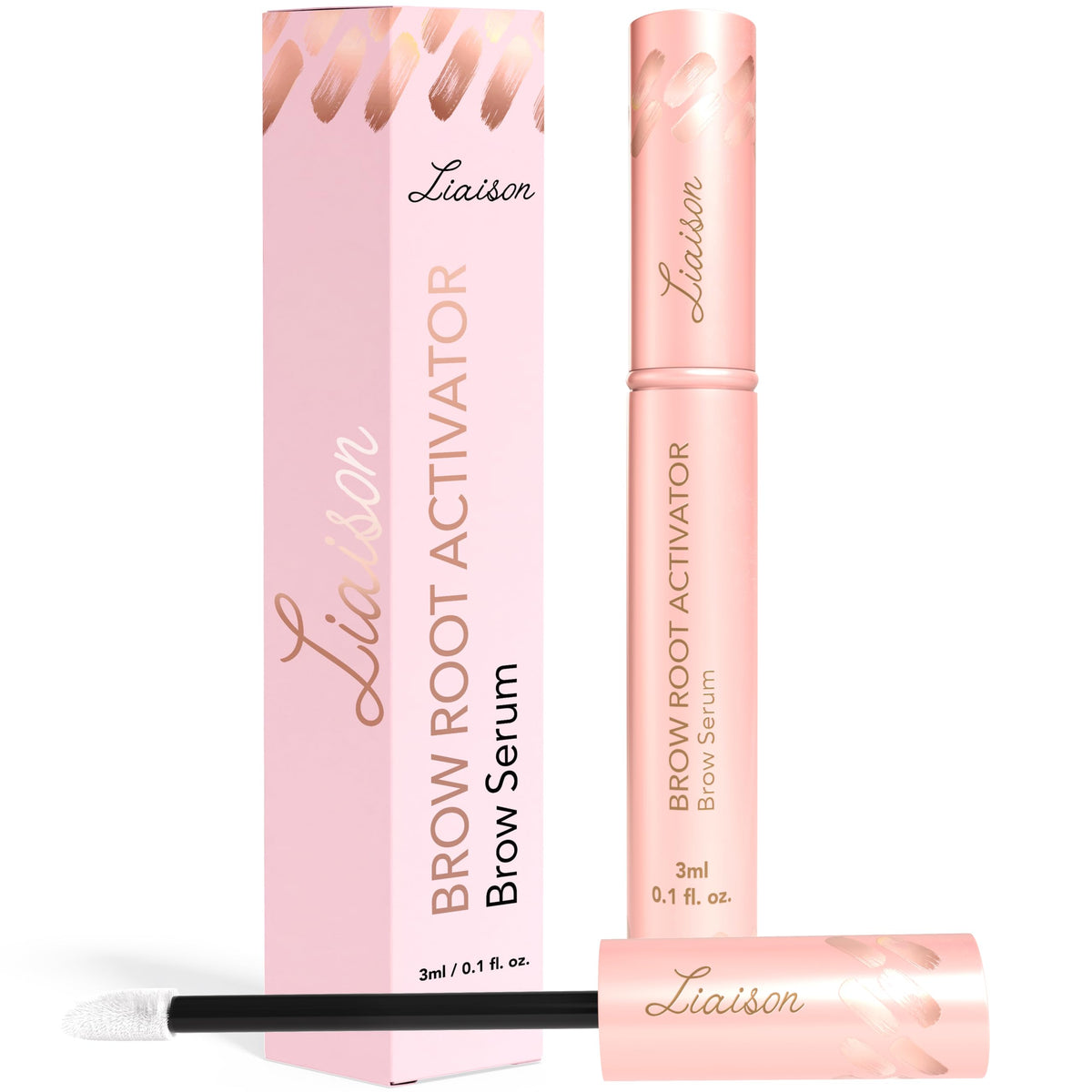 Liaison Brow Growth Serum bottle close-up with a lightweight formula for daily use and fuller brows.