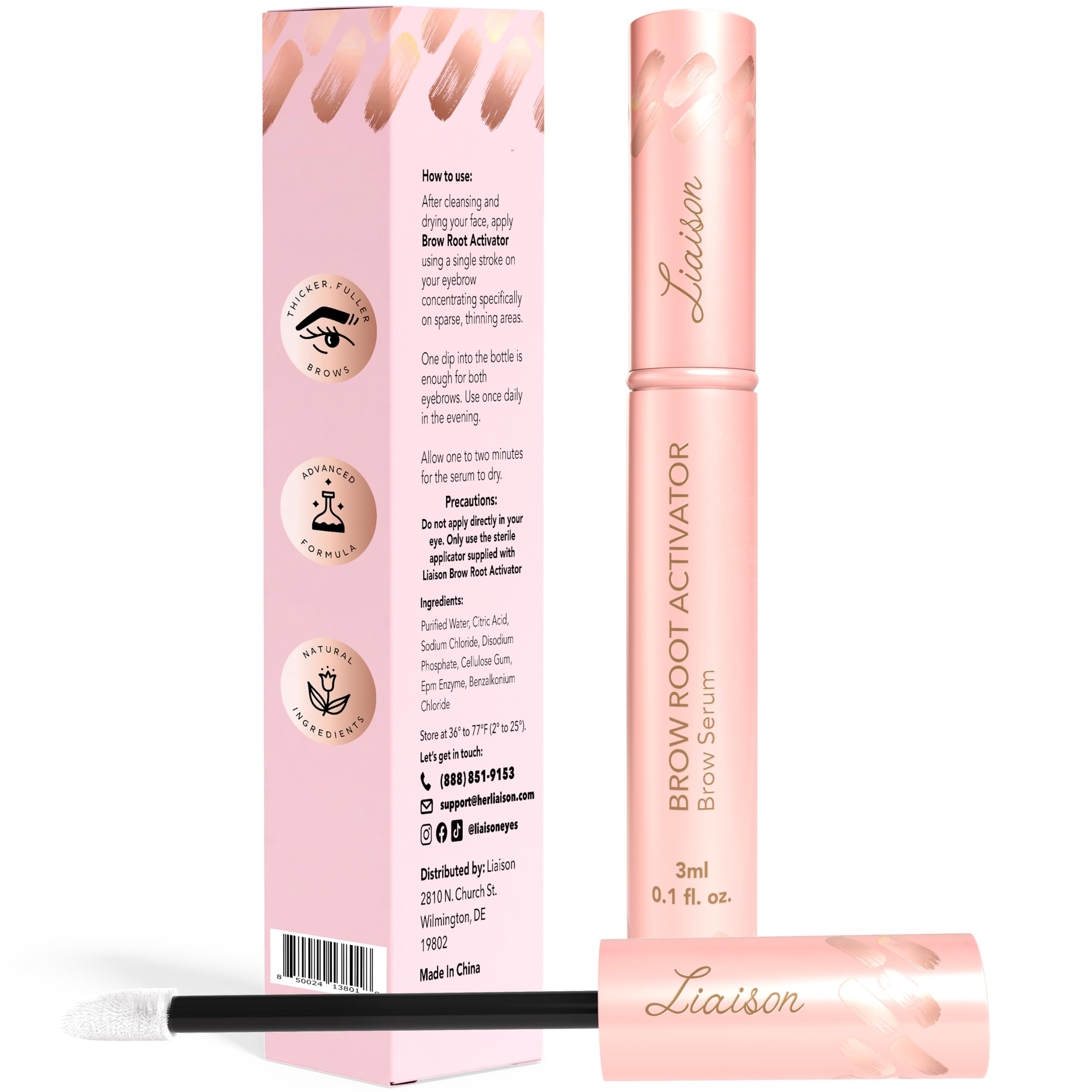 Liaison Brow Growth Serum precision brush close-up showing even coverage and comfortable application.