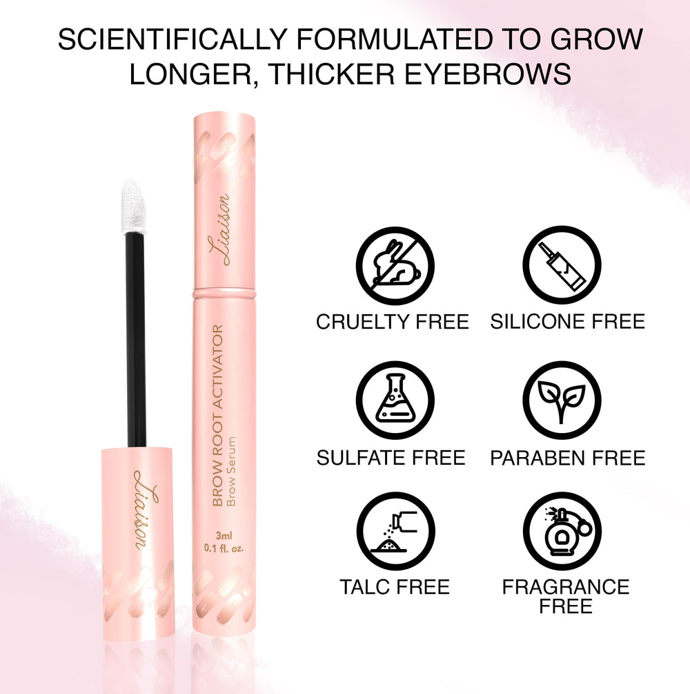 Liaison Brow Growth Serum boxed packaging emphasizes vegan and cruelty-free credentials.