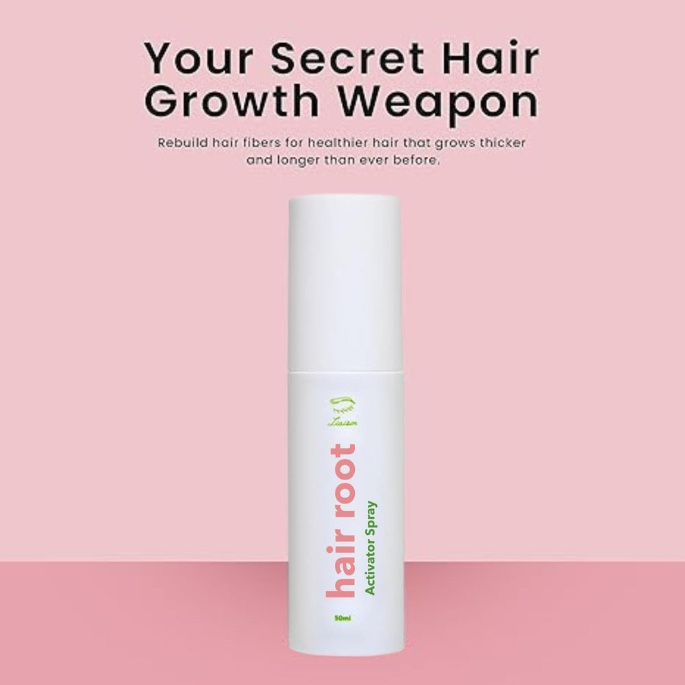 Liaison Hair Root Activator Spray application mist, delivers targeted scalp coverage for follicle support.