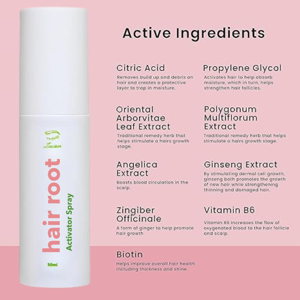 Liaison Hair Root Activator Spray packaging close-up, science-backed formula for healthy-looking hair.