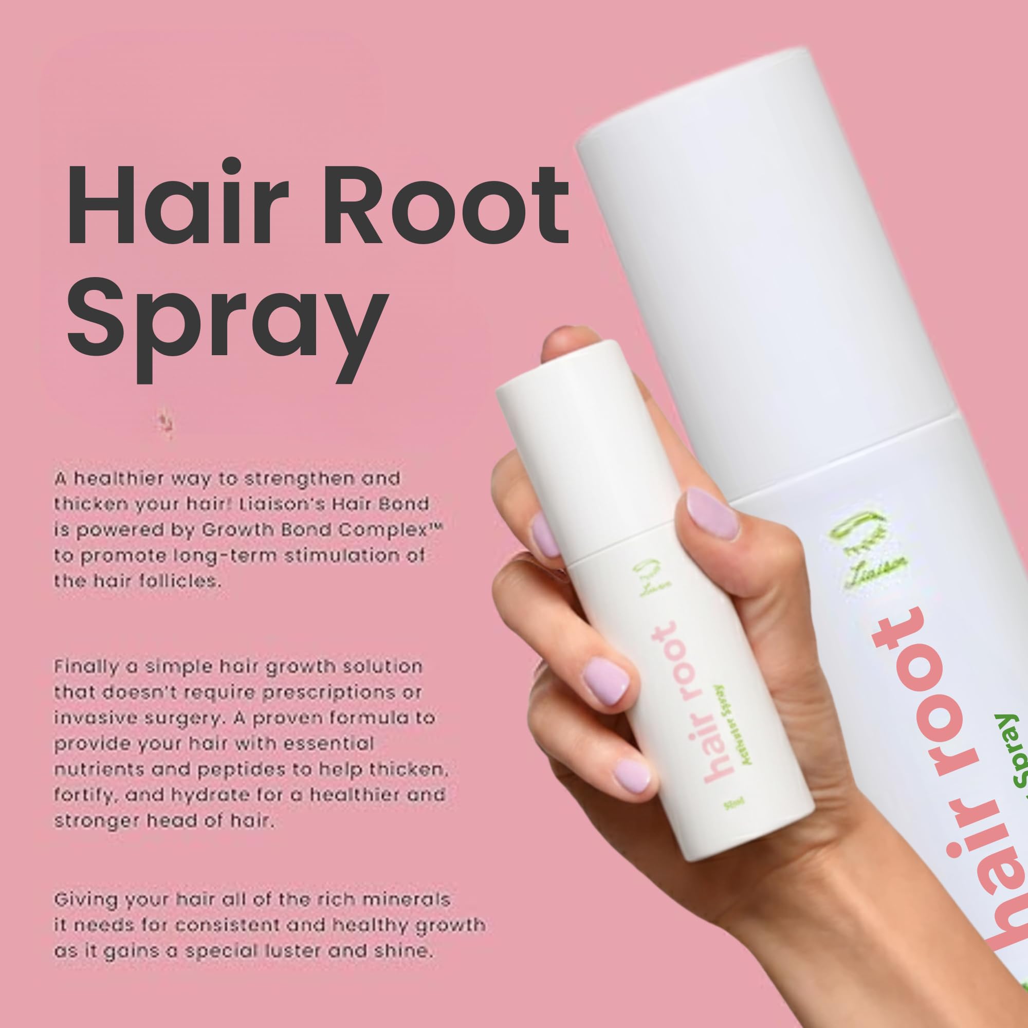 Liaison Hair Root Activator Spray close-up with peptide visuals, signaling nourishment at strand level.
